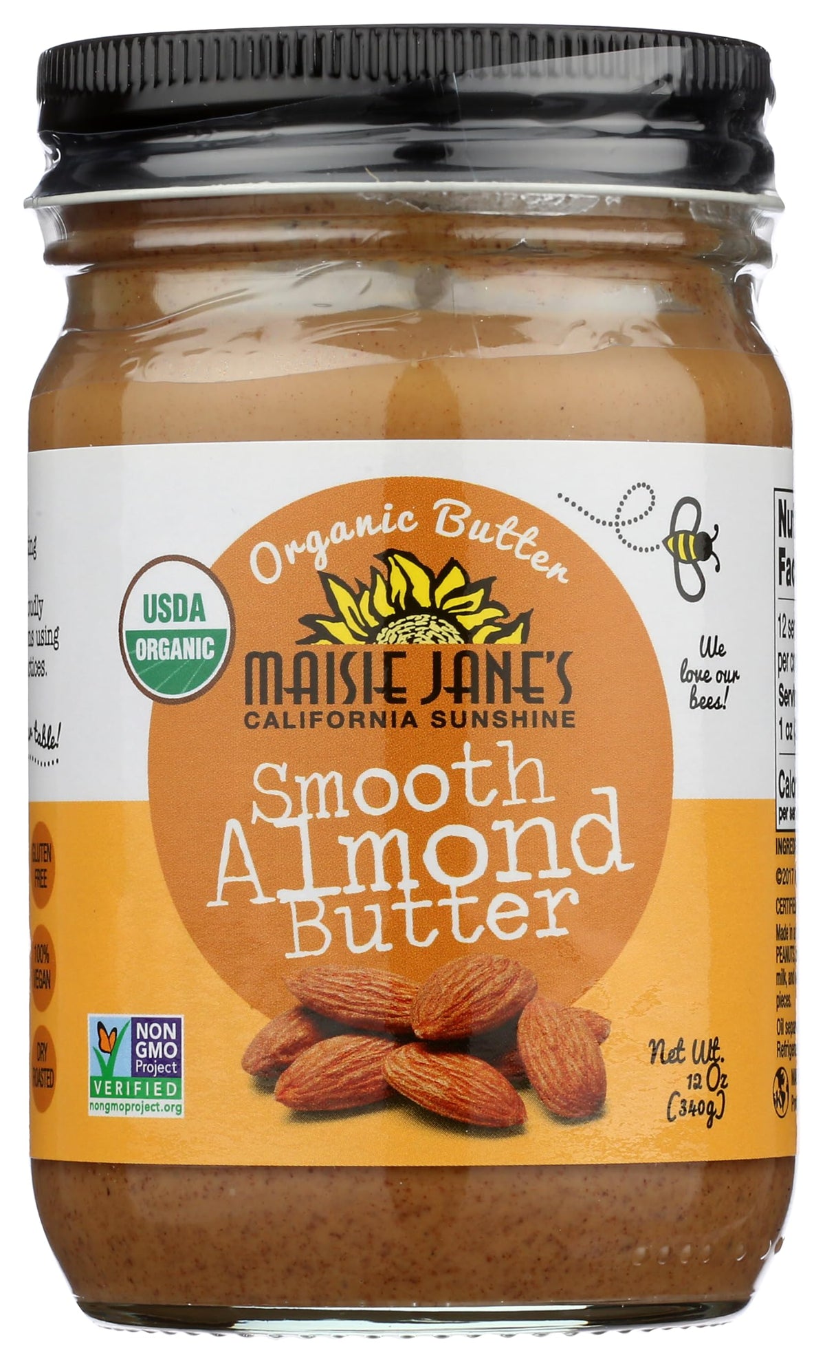 Maisie Jane's Organic Almond Butter Smooth in a jar, creamy spread for snacks.
