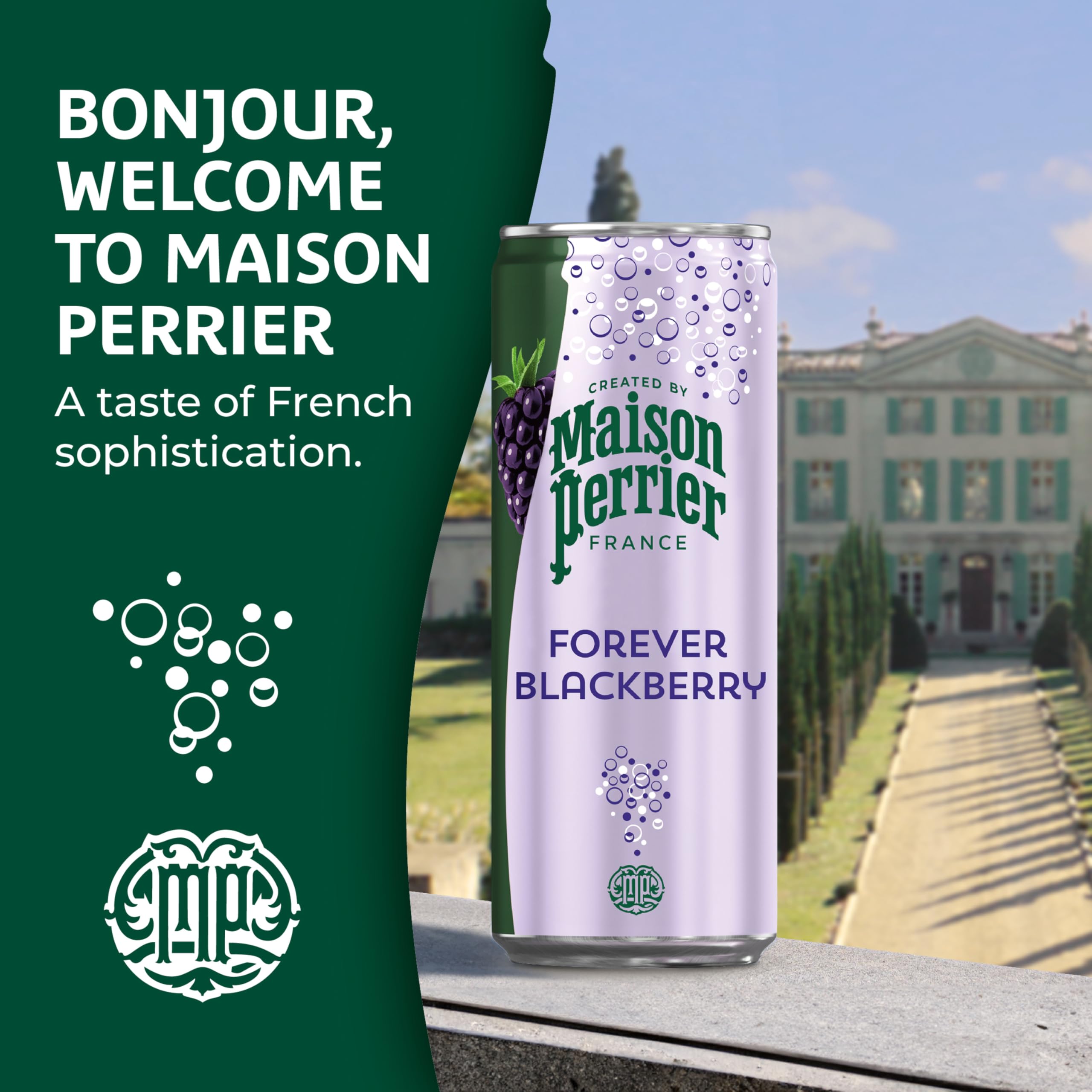 Maison Perrier Forever Blackberry sparkling water served in a glass for entertaining.