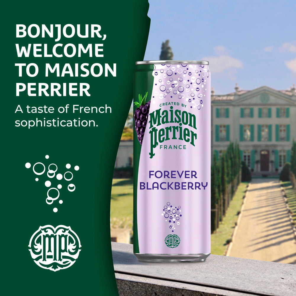 Maison Perrier Forever Blackberry sparkling water served in a glass for entertaining.
