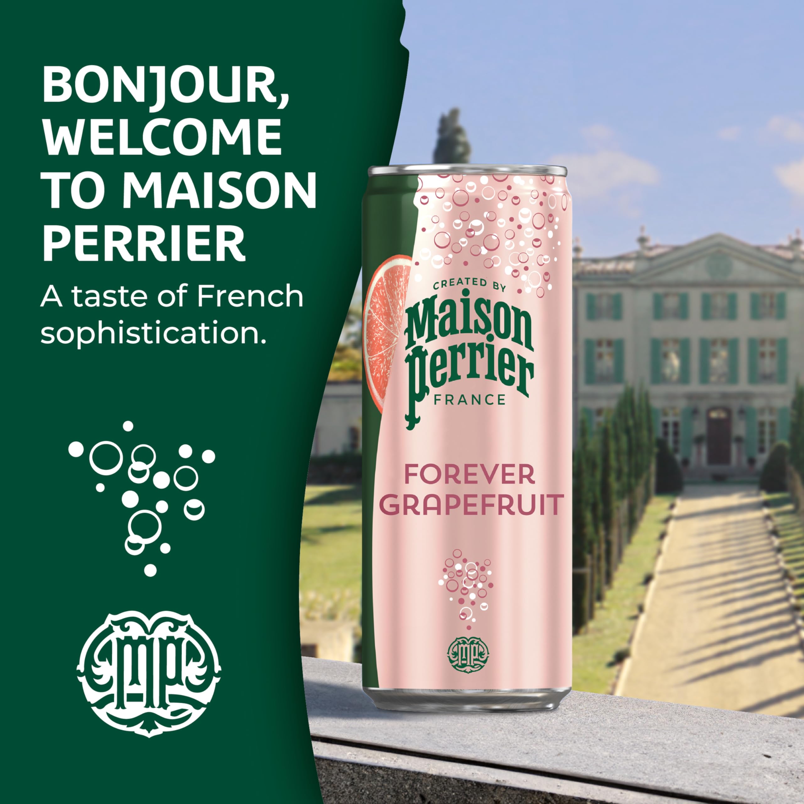 Maison Perrier Forever Grapefruit bottled in France, premium sparkling water.