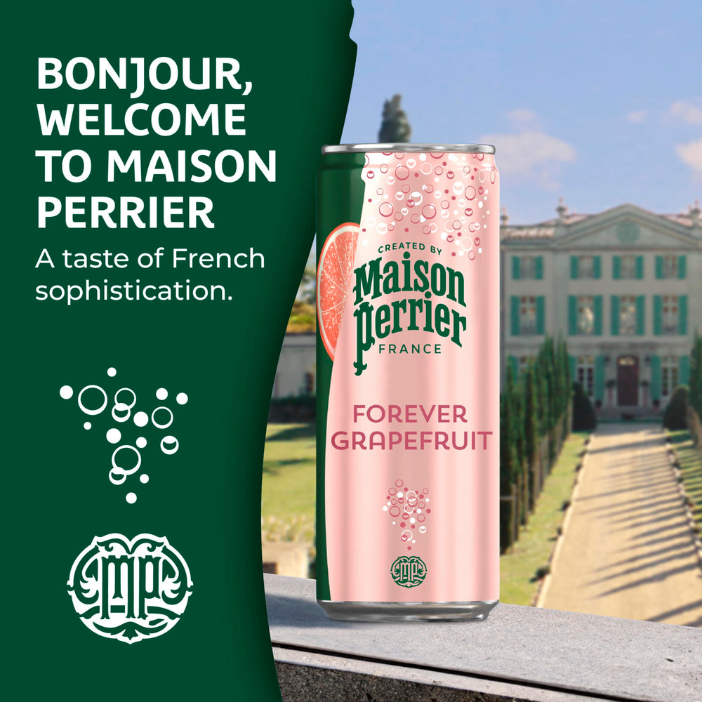 Maison Perrier Forever Grapefruit bottled in France, premium sparkling water.