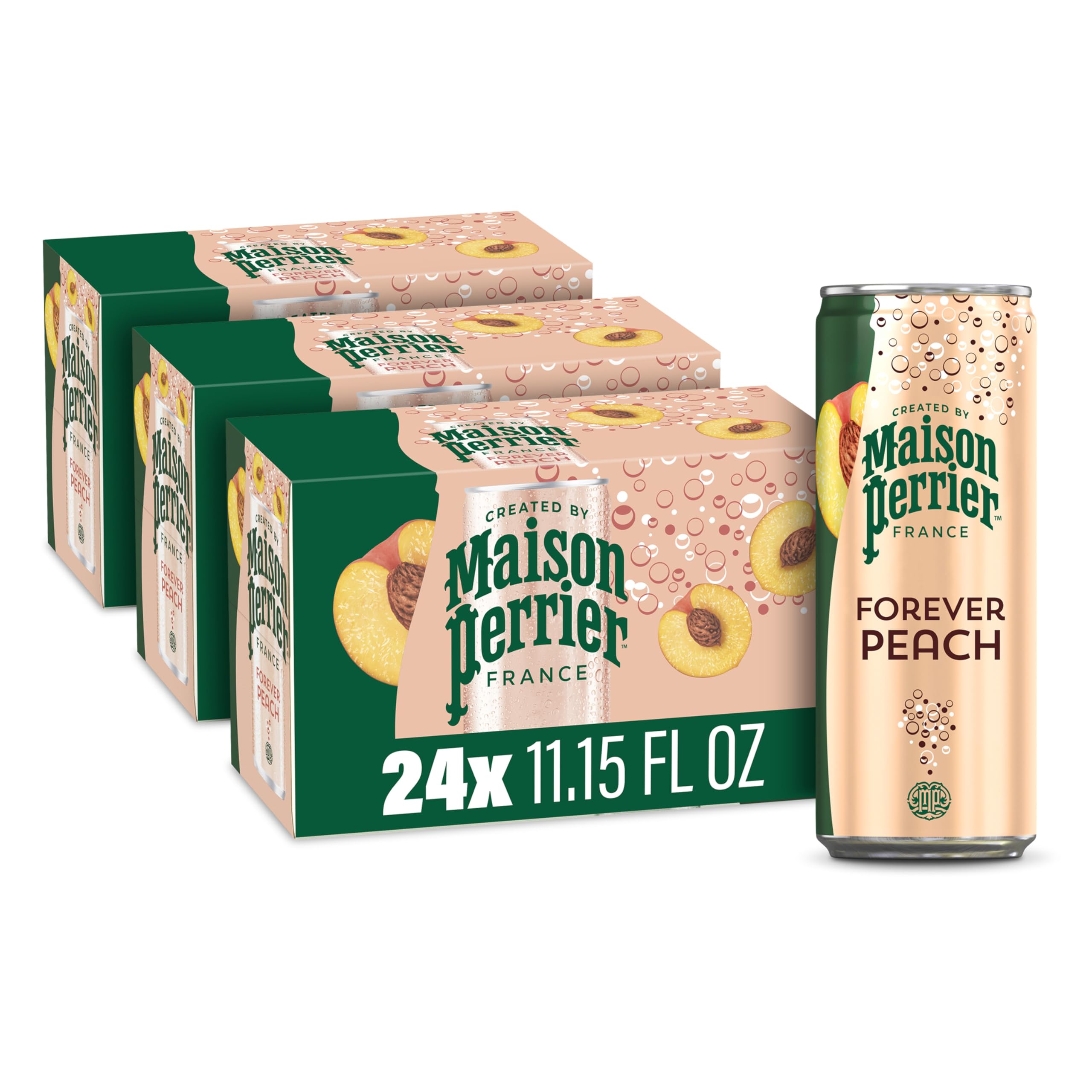 Maison Perrier Forever Peach can with crisp peach flavor and hydration appeal.