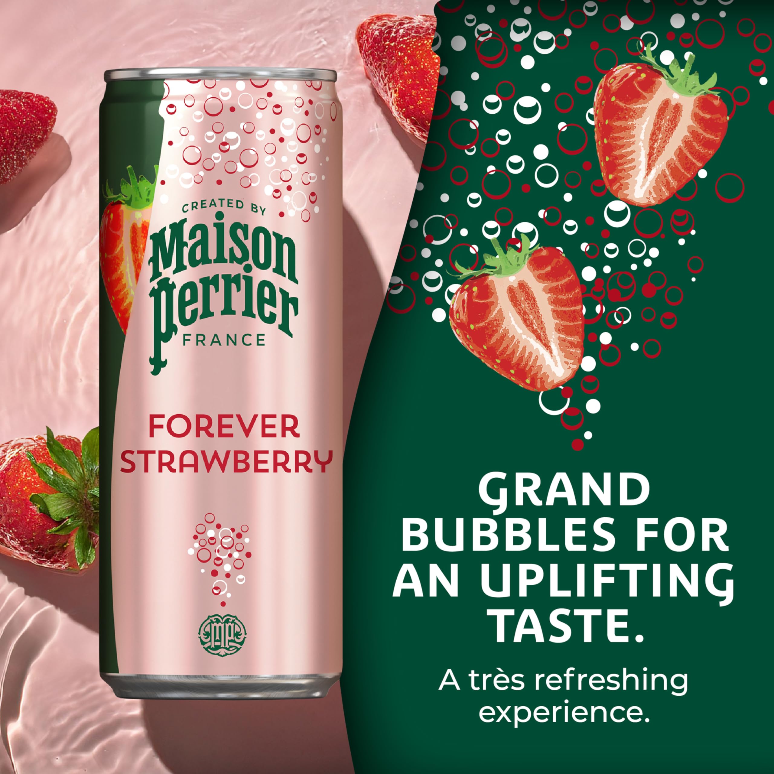 Maison Perrier Forever Strawberry glass pour, bold bubbles and refreshing aroma.