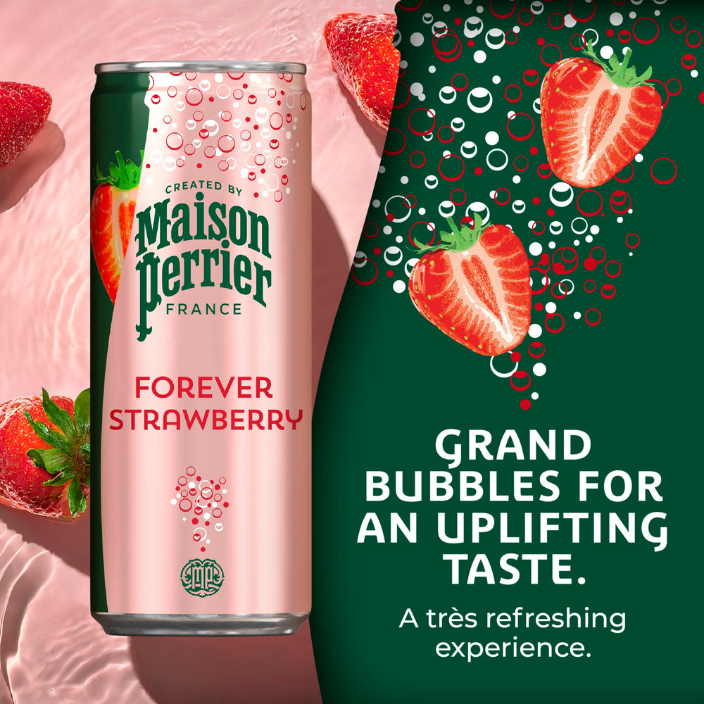 Maison Perrier Forever Strawberry glass pour, bold bubbles and refreshing aroma.