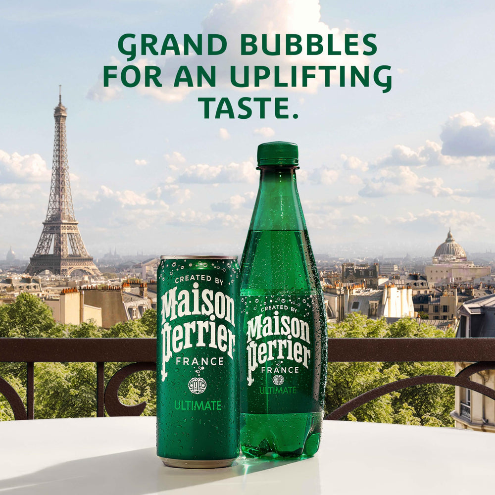 Maison Perrier Ultimate glass with bubbles, ideal for mocktails and meals.