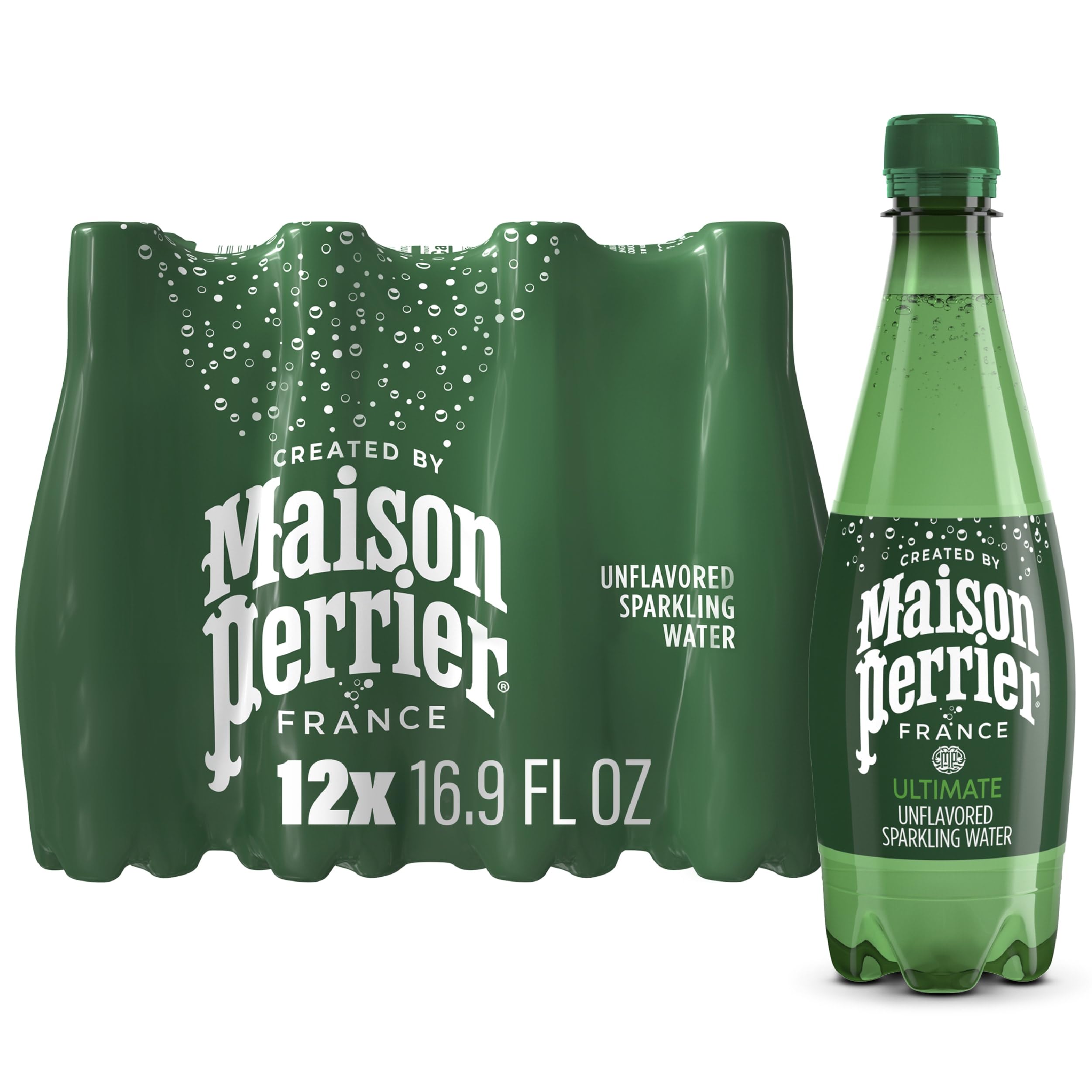 Maison Perrier Ultimate Sparkling Water bottle front, premium design and zero-calorie refreshment for everyday hydration.