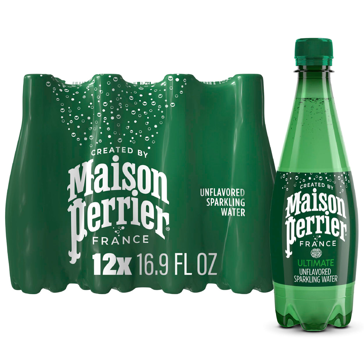 Maison Perrier Ultimate Sparkling Water bottle front, premium design and zero-calorie refreshment for everyday hydration.