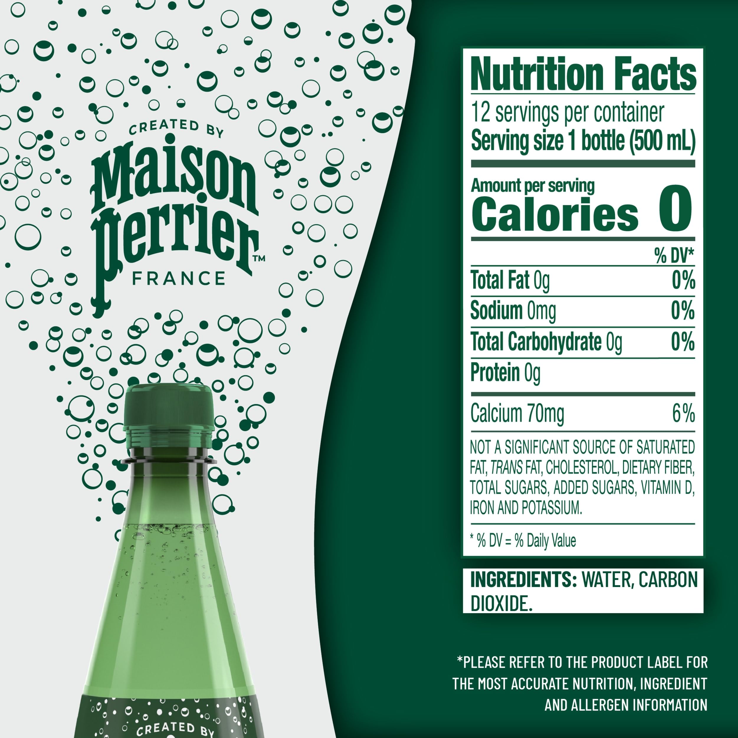 Maison Perrier Ultimate Sparkling Water bottle on table with light reflections for on-the-go refreshment.