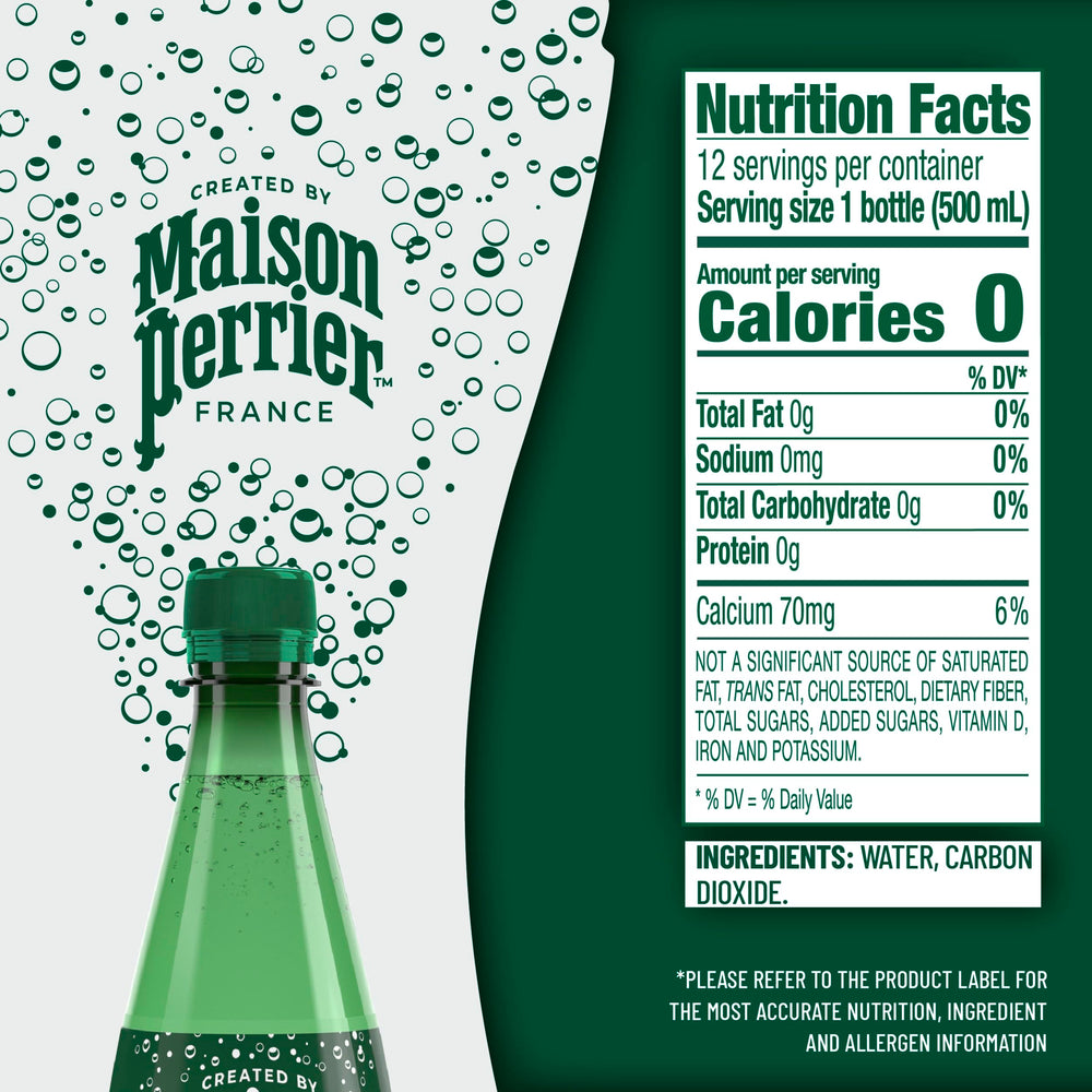 Maison Perrier Ultimate Sparkling Water bottle on table with light reflections for on-the-go refreshment.