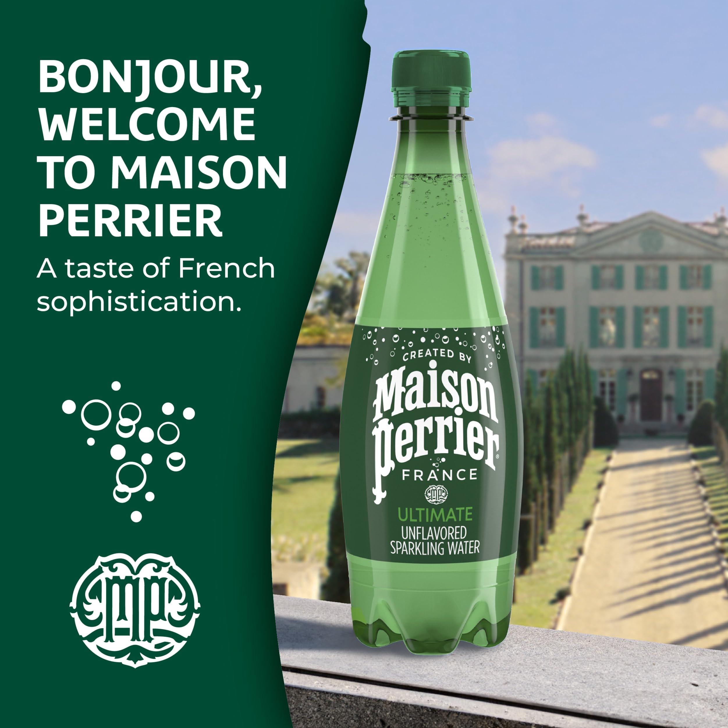 Chilled glass of Maison Perrier Ultimate Sparkling Water with a lime wedge.