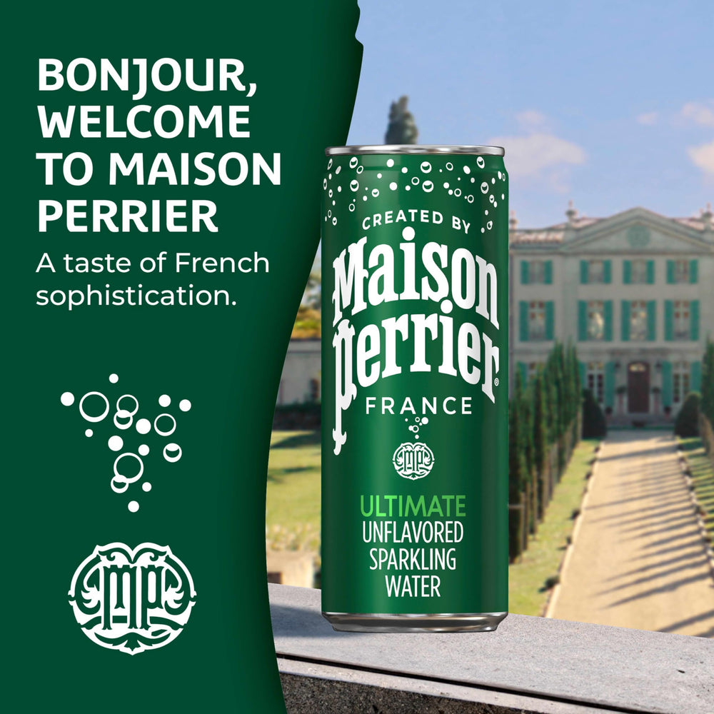 Maison Perrier Ultimate Sparkling Water being poured into a glass, clean flavor for mocktails and sipping