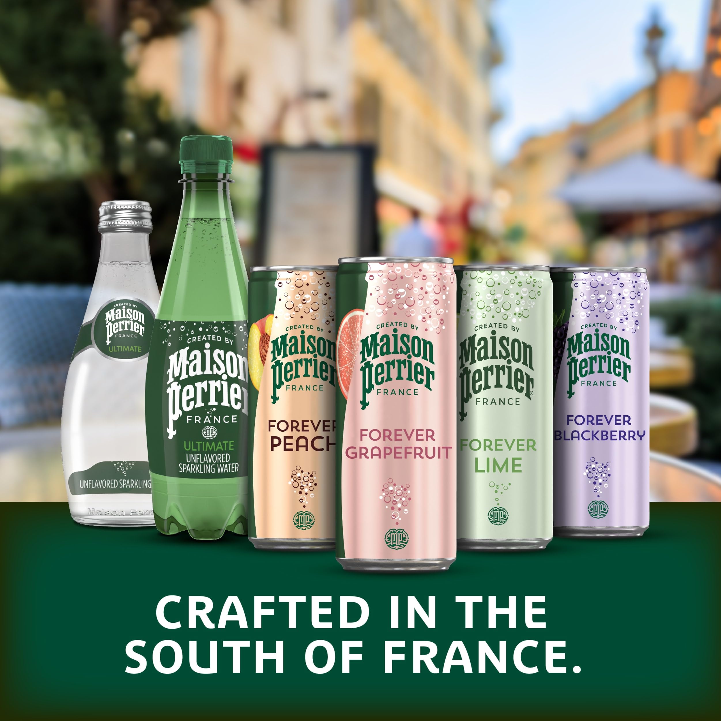 Maison Perrier Ultimate Sparkling Water label close-up showing branding.