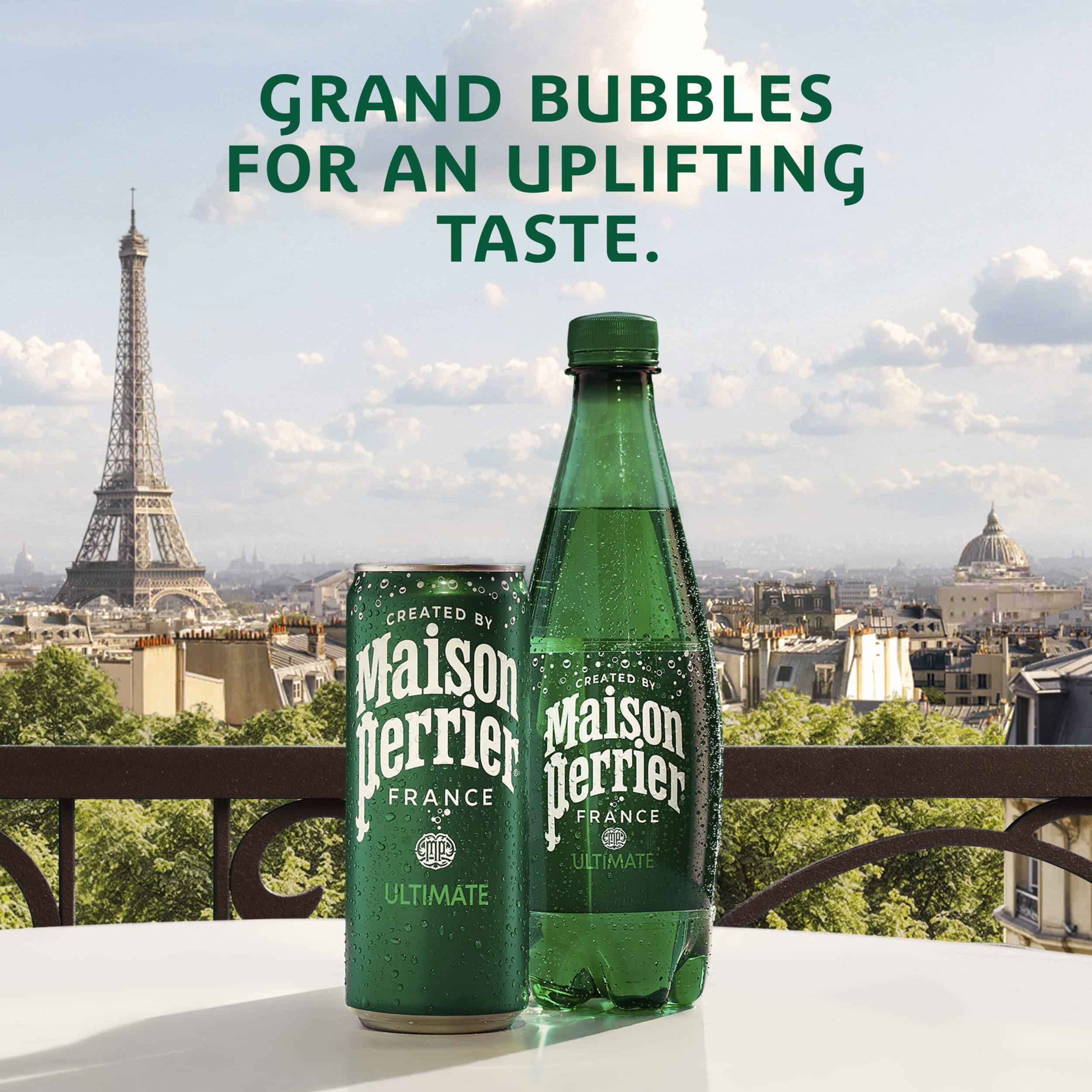 Maison Perrier Ultimate Sparkling Water being poured into a glass with bubbles.