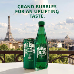 Maison Perrier Ultimate Sparkling Water being poured into a glass with bubbles.