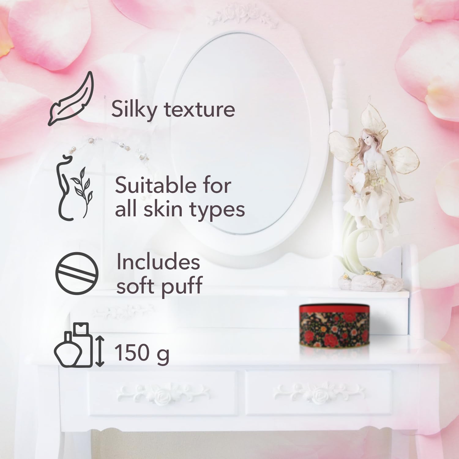 Maja relieves itch and irritation with gentle talc for sensitive skin.