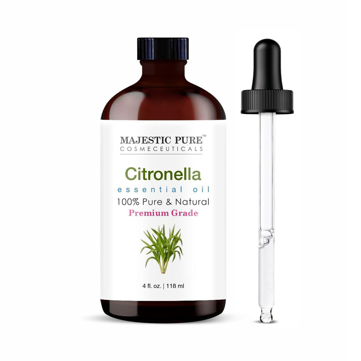 Majestic Pure citronella oil bottle in amber glass preserves purity and fragrance