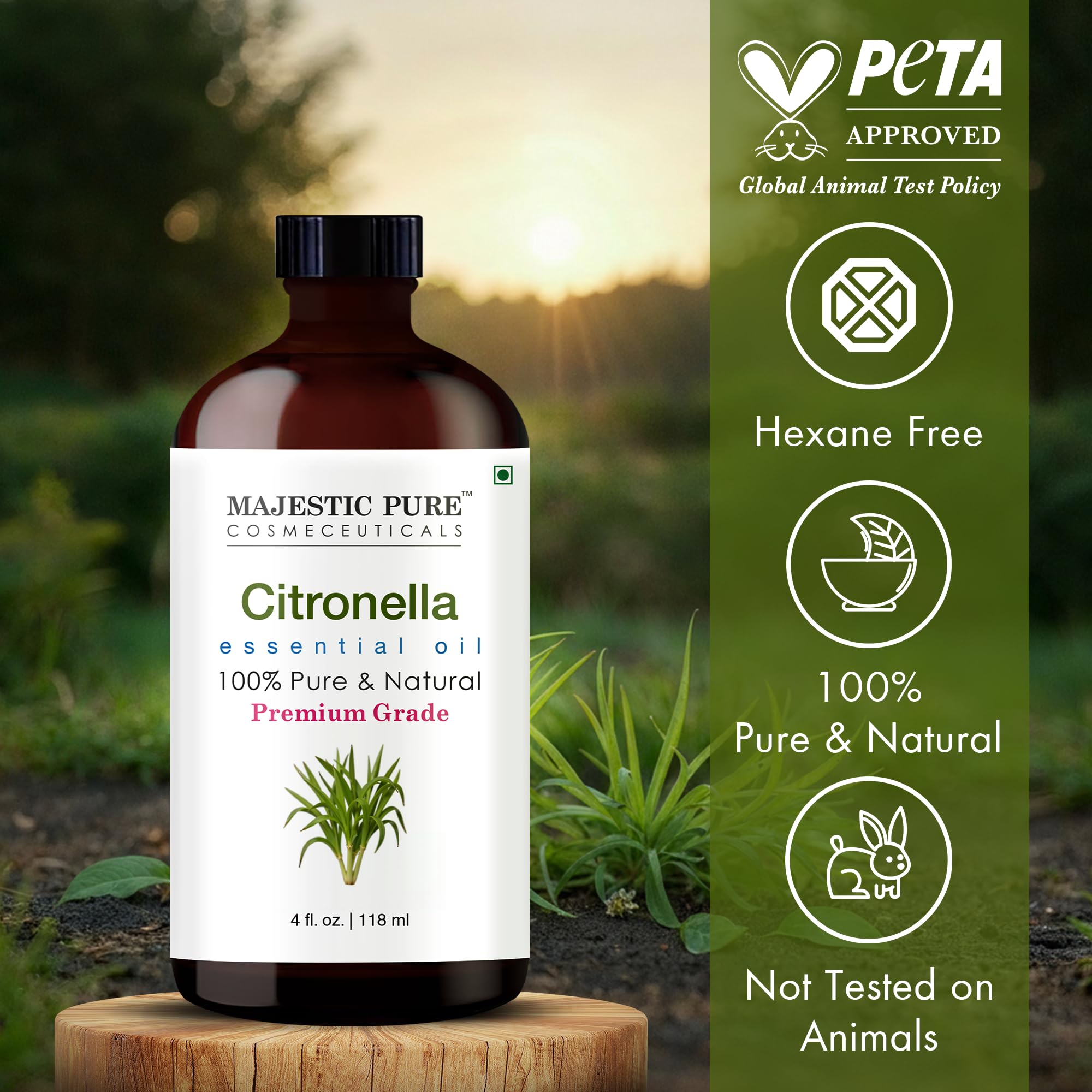 Majestic Pure citronella oil close-up showing color and clarity