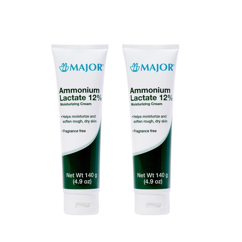Major Ammonium Lactate 12% cream bottle demonstrates fragrance-free hydration for dry skin.