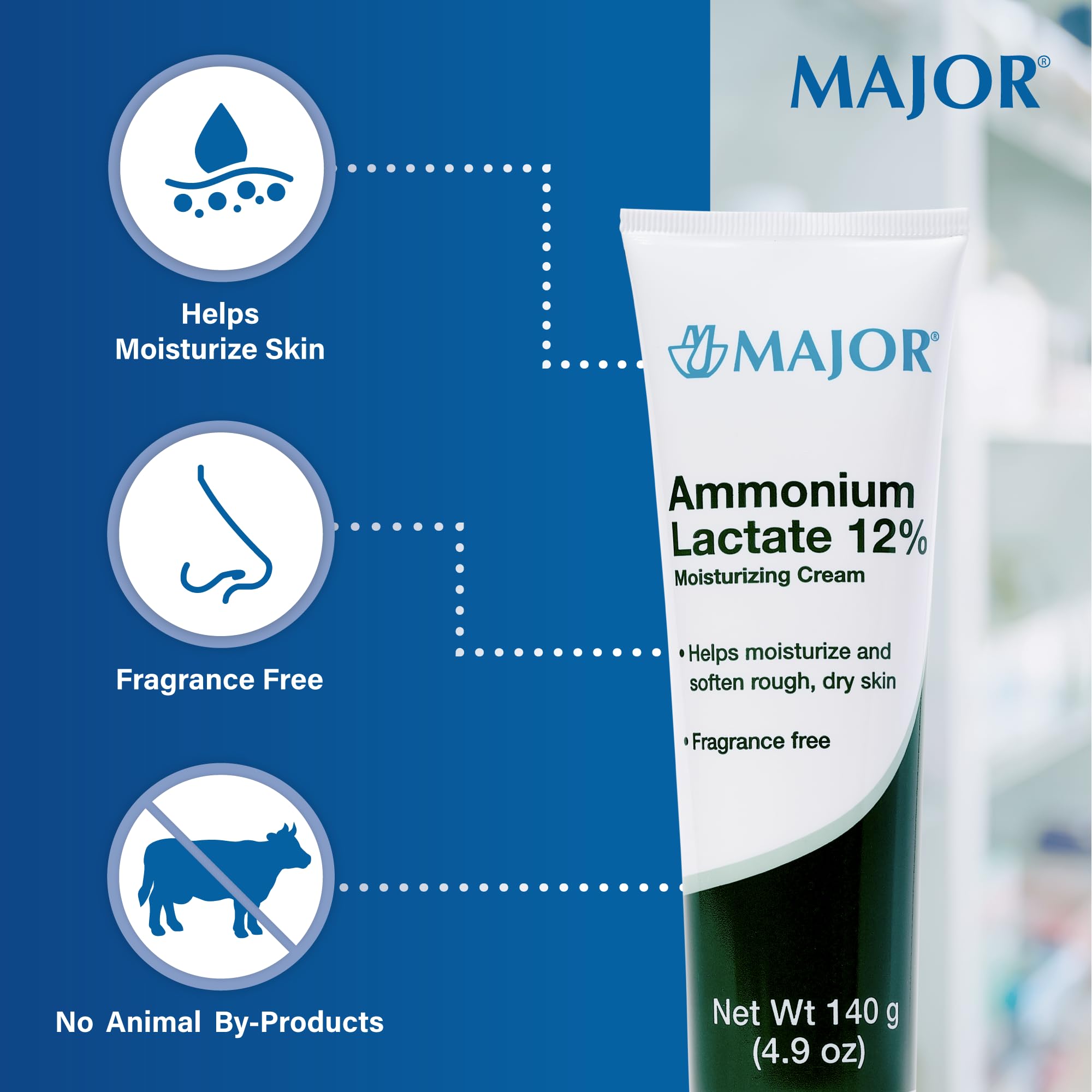 Major Ammonium Lactate 12% cream pump application demonstrates easy twice-daily use