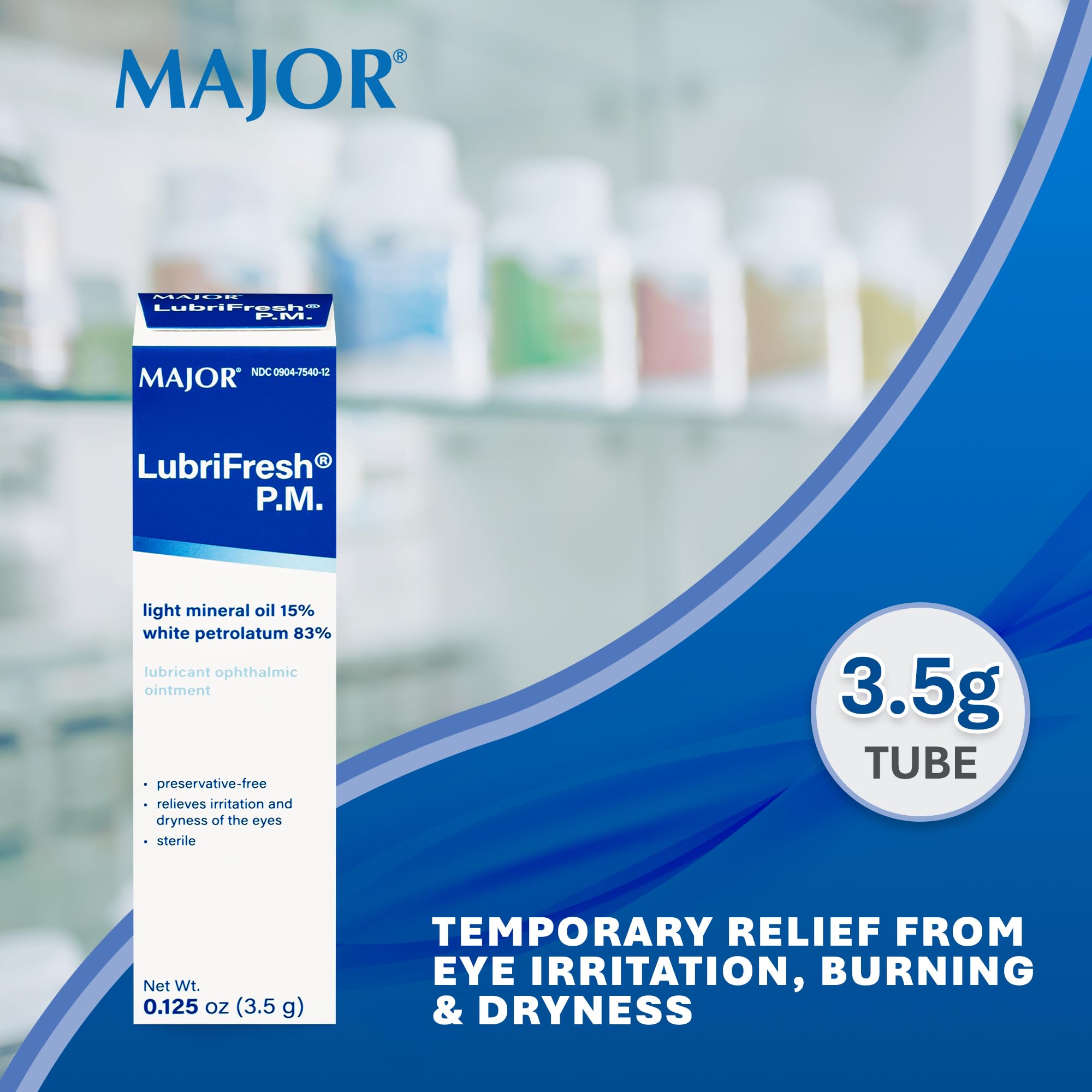 Major Lubrifresh P.M. ointment application demonstrates simple administration for dry eyes.