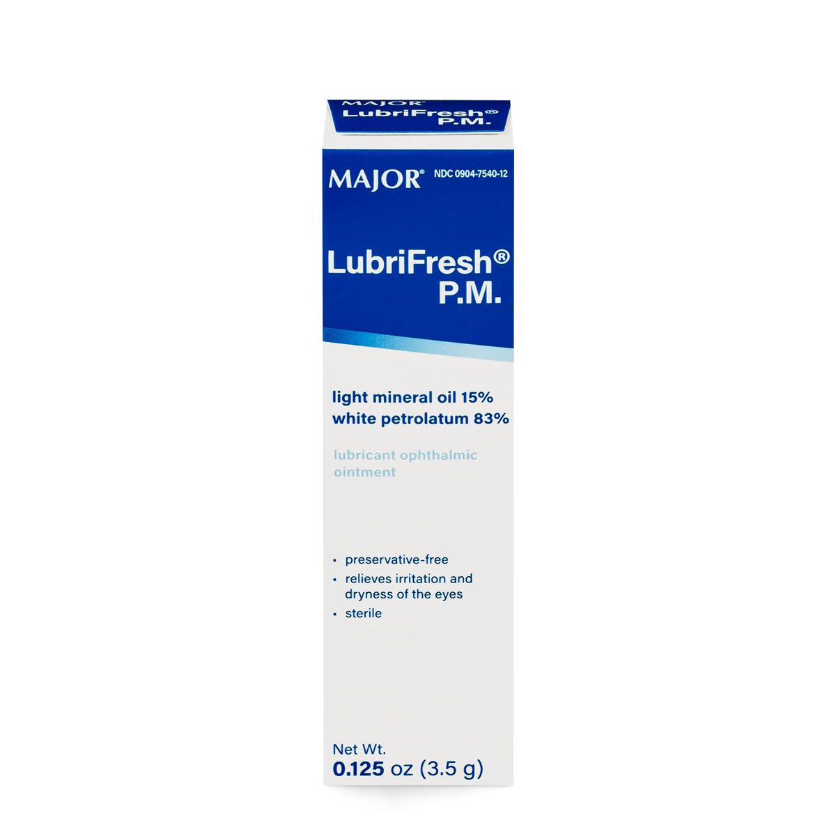 Major Lubrifresh P.M. ointment tube ready for gentle eye lubrication.
