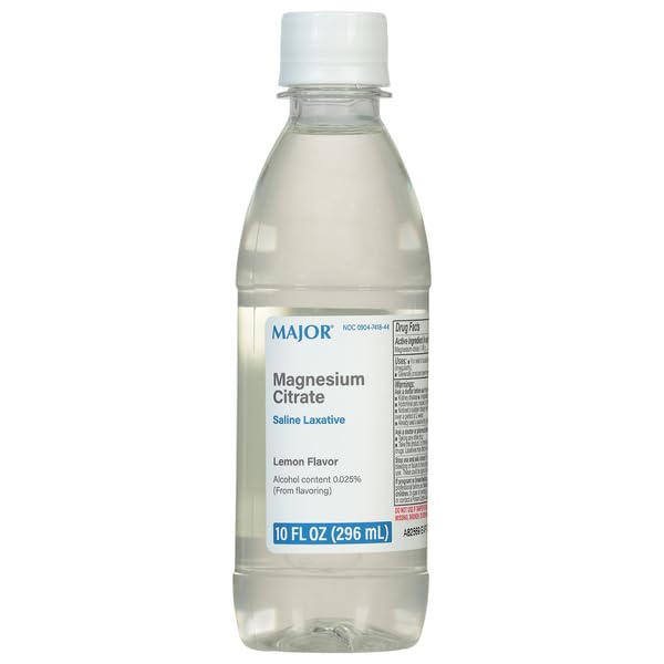 Major Magnesium Citrate laxative bottle front shows lemon flavor for occasional relief.