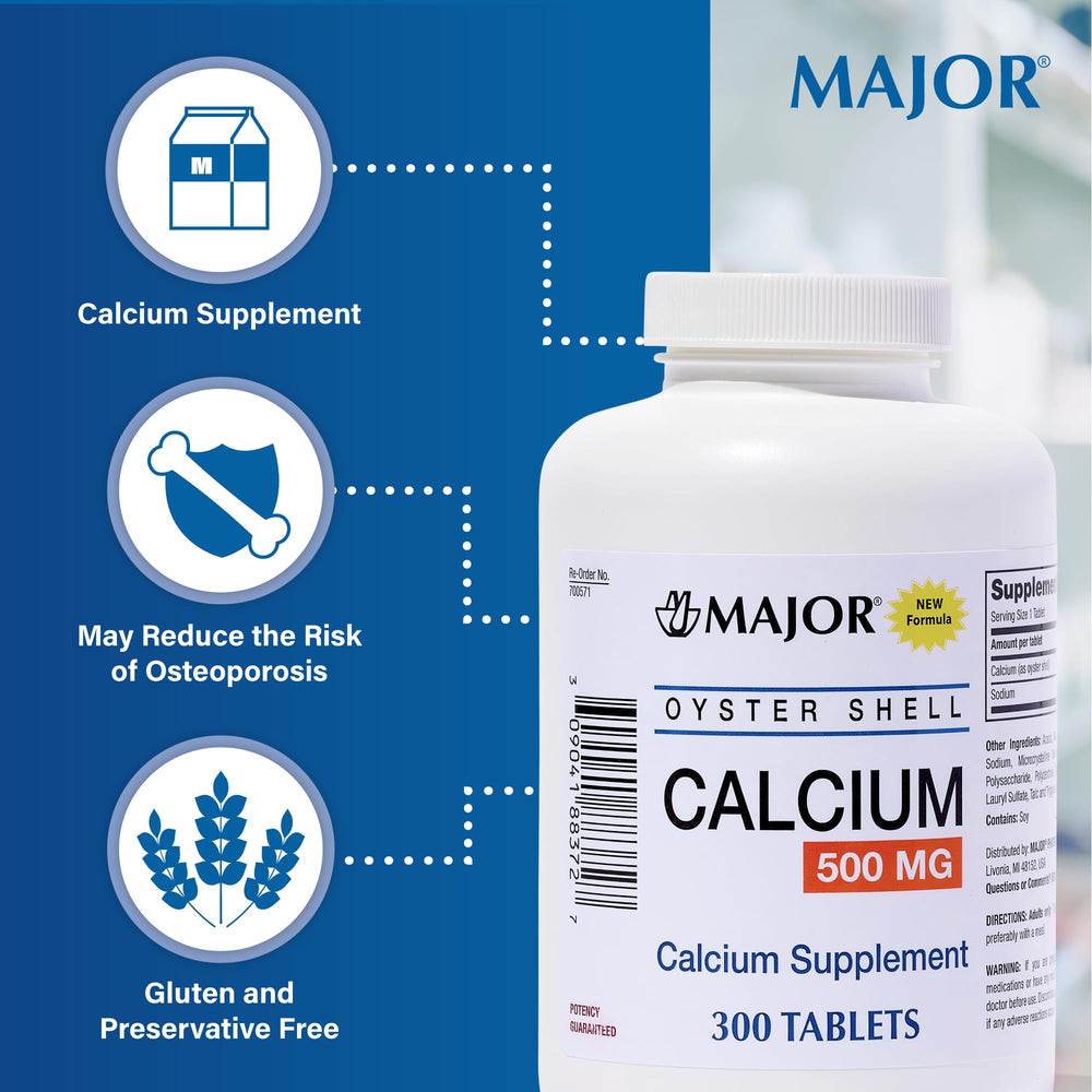 Major Oyster Shell Calcium 500mg dosage chart image shows two tablets daily.