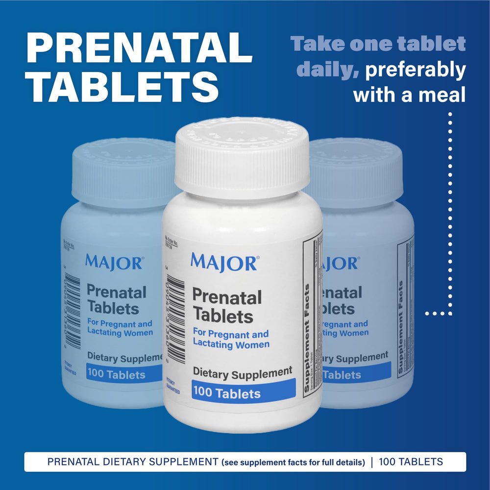 MAJOR prenatal tablets bottle label shows key vitamins for expectant nutrition.