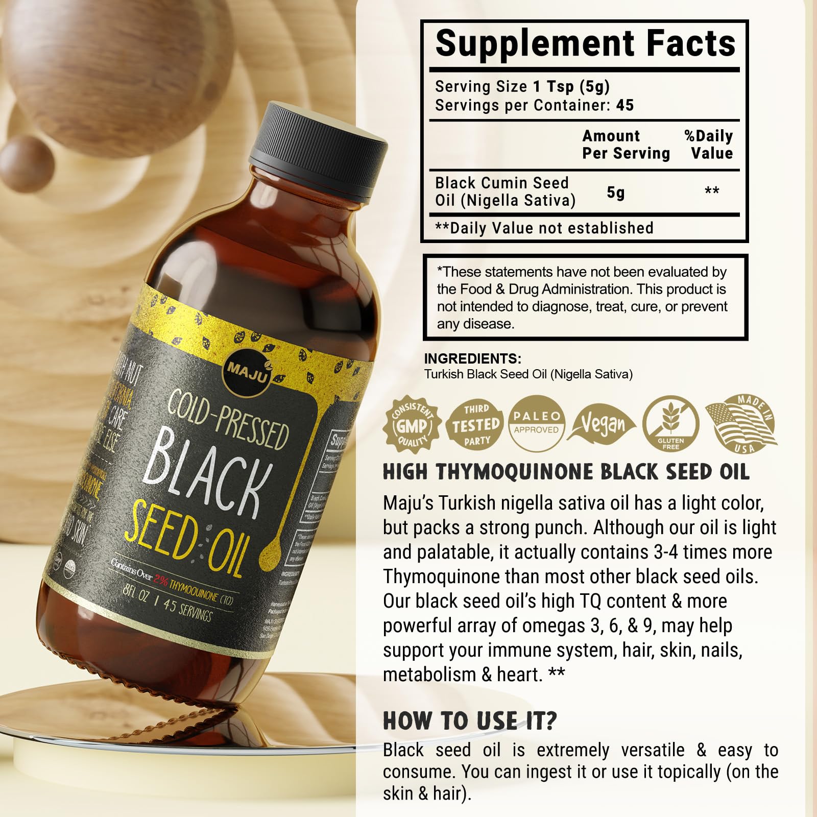 MAJU Black Seed Oil infographic notes 3x thymoquinone potency.