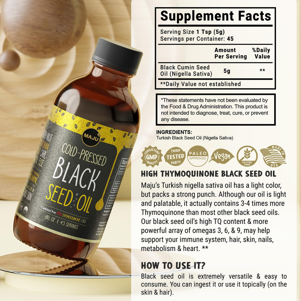 MAJU Black Seed Oil infographic notes 3x thymoquinone potency.