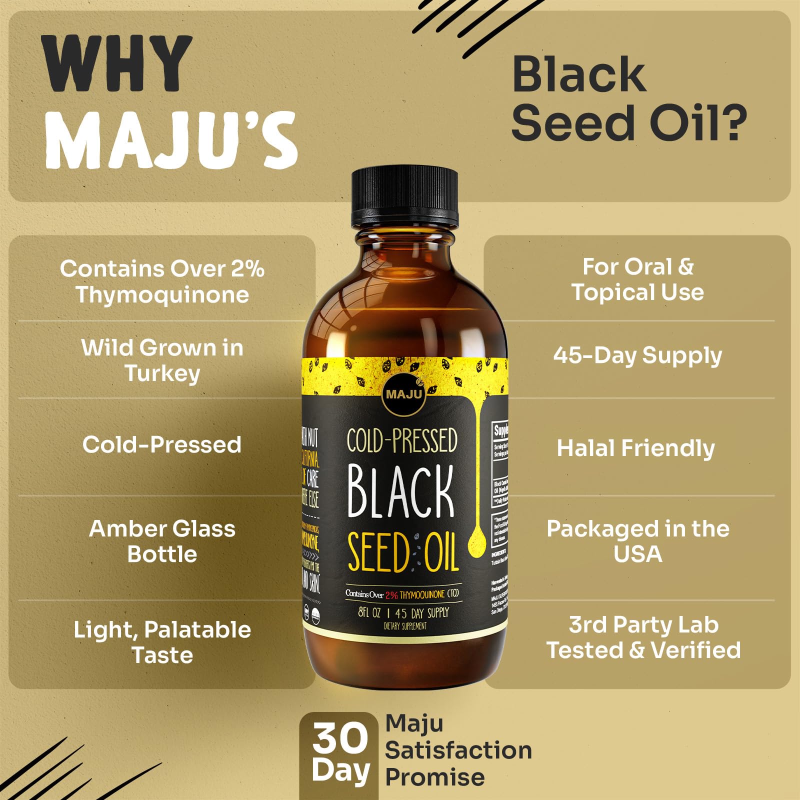 MAJU Black Seed Oil amber bottle closeup showing light color.