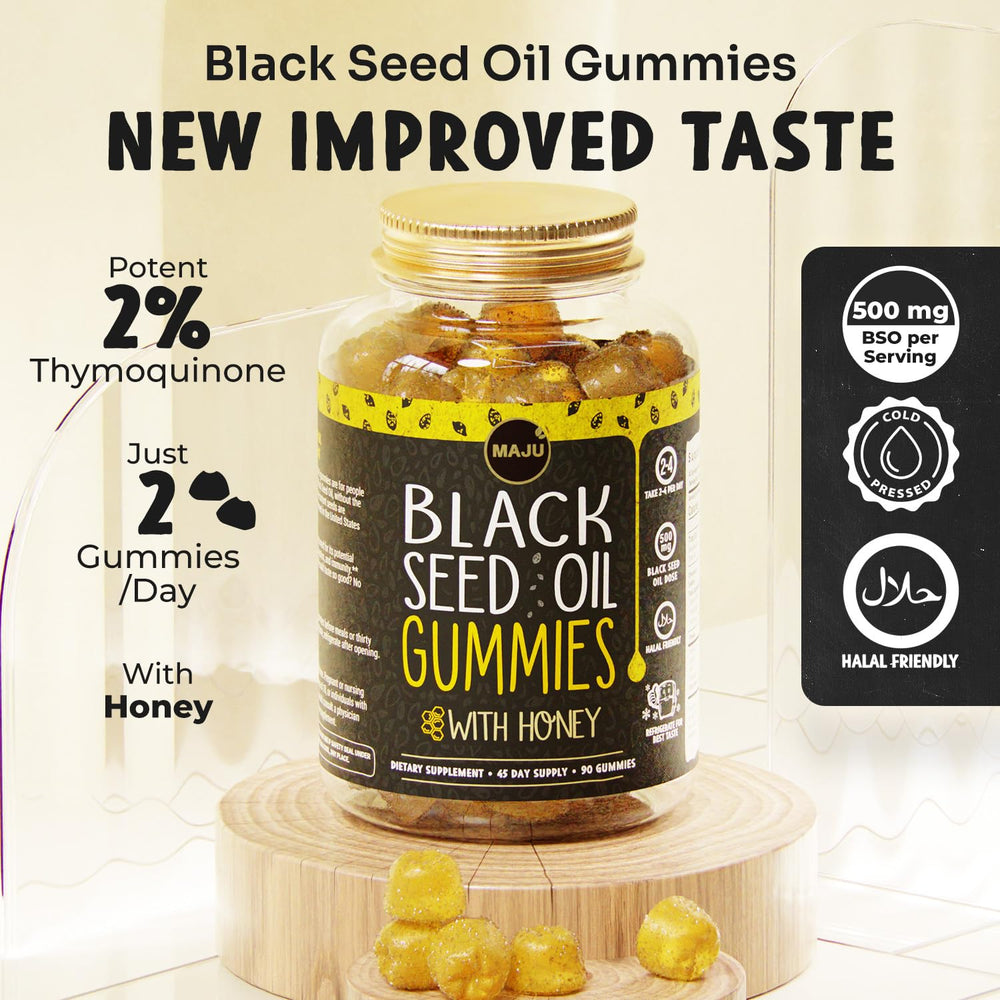 Close-up of oil and honey flavor highlights tasty, easy-to-take gummies.