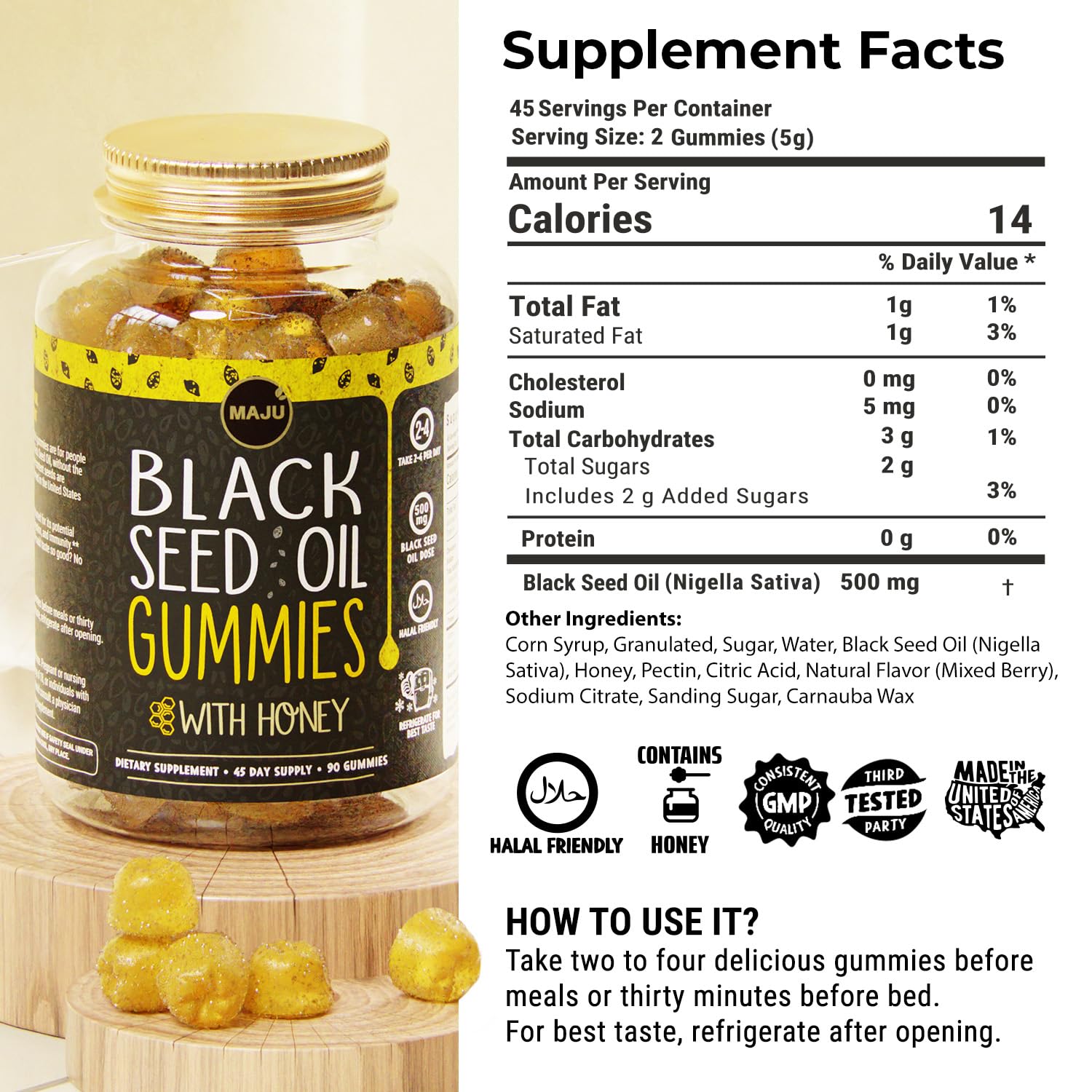 MAJU gummies shown with honey flavor and natural ingredients for daily care.