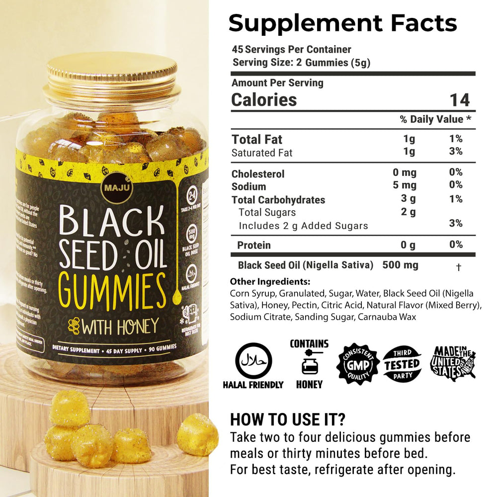 MAJU gummies shown with honey flavor and natural ingredients for daily care.