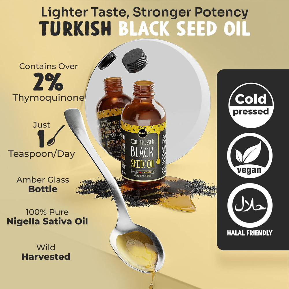 MAJU Black Seed Oil bottle label closeup highlighting Turkish origin and purity.