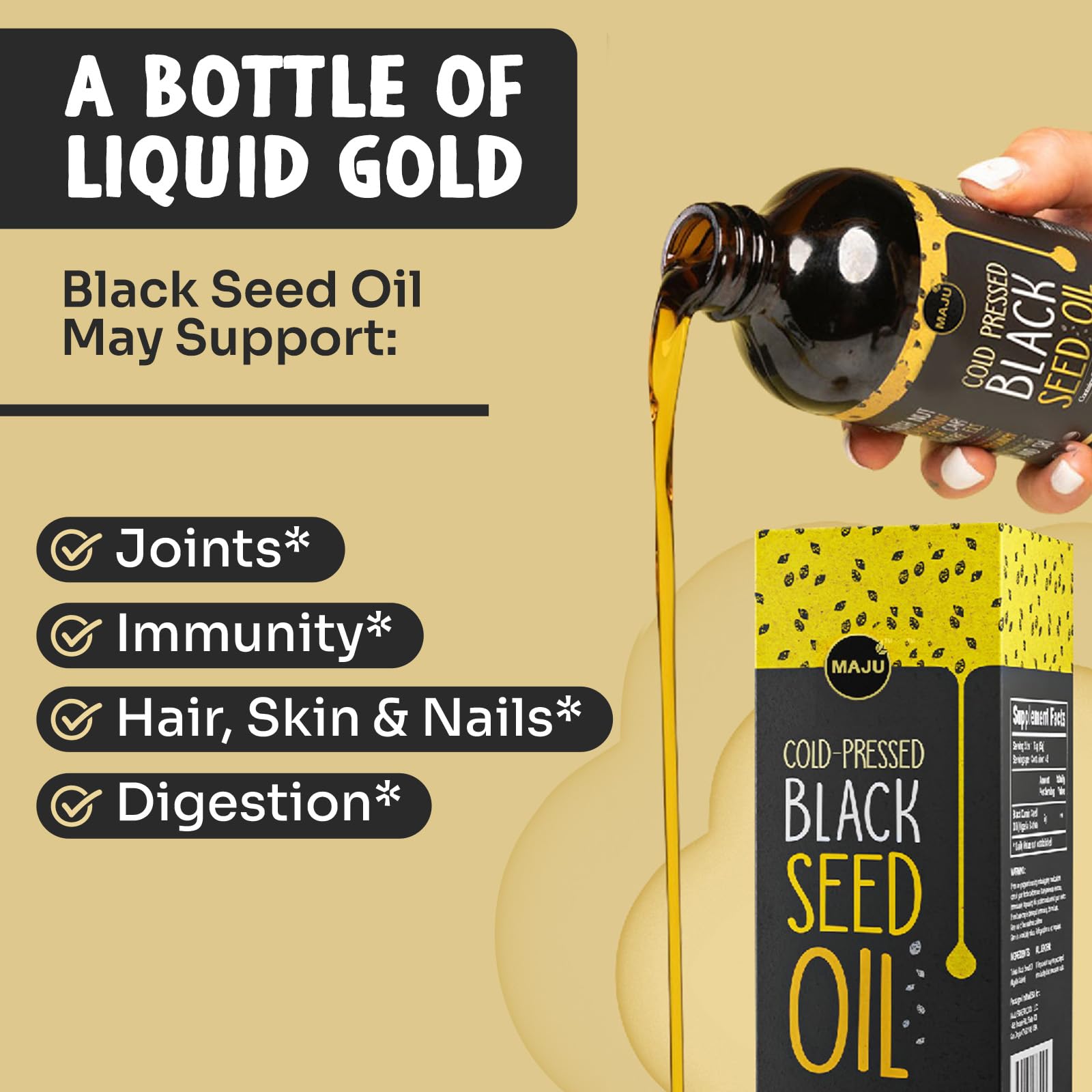 MAJU Black Seed Oil glass bottle preserves freshness for long-term use.