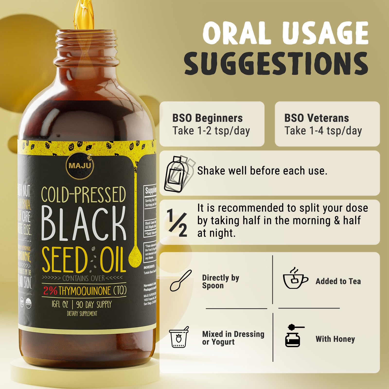 Ingredient list for MAJU Black Seed Oil emphasizes non-GMO purity.