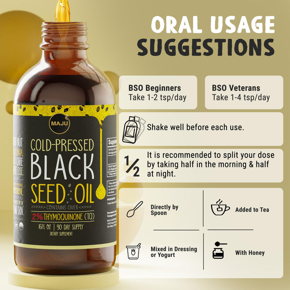 Ingredient list for MAJU Black Seed Oil emphasizes non-GMO purity.