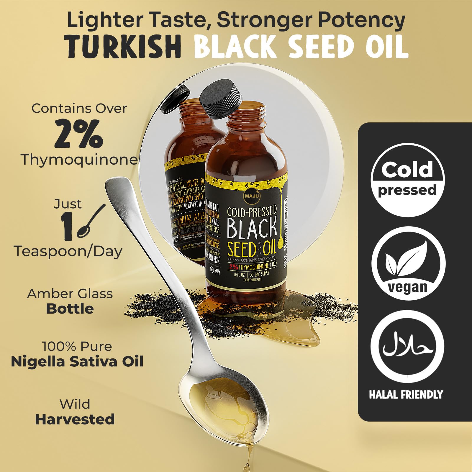 Closeup of MAJU Black Seed Oil liquid highlighting clarity and cold-pressed quality.