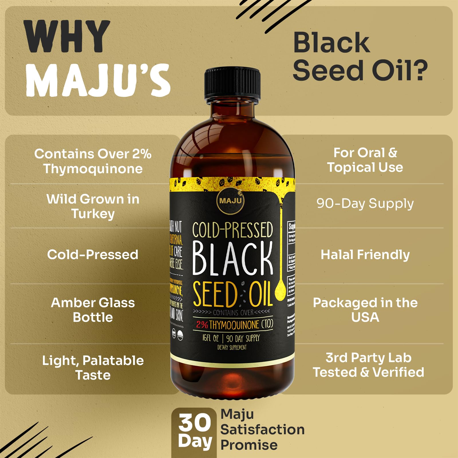 MAJU Black Seed Oil on white background with premium packaging and trust.