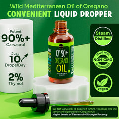 MAJU Oregano Oil Dropper closeup emphasizing high carvacrol concentration for seasonal comfort.