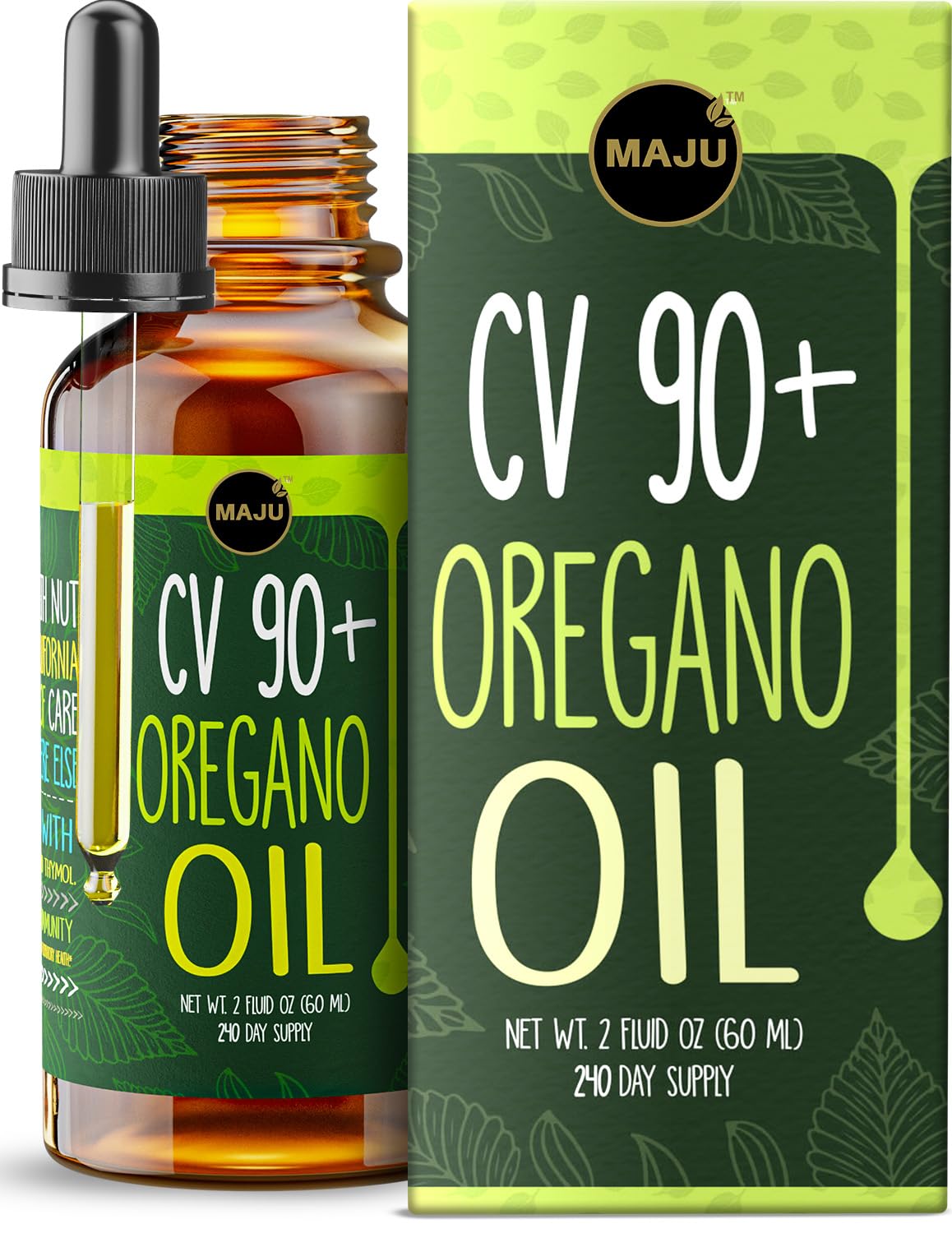 MAJU Oregano Oil Drops bottle showing potent carvacrol support for immune and gut health.