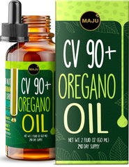 MAJU Oregano Oil Drops bottle showing potent carvacrol support for immune and gut health.