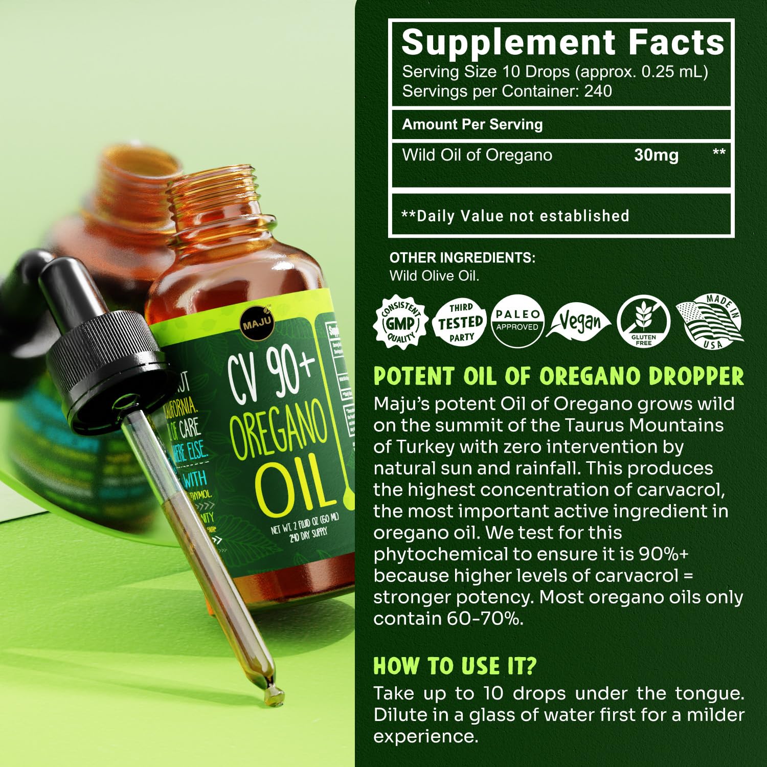 MAJU Oregano Oil hero shot showcases premium oregano with bold carvacrol content.