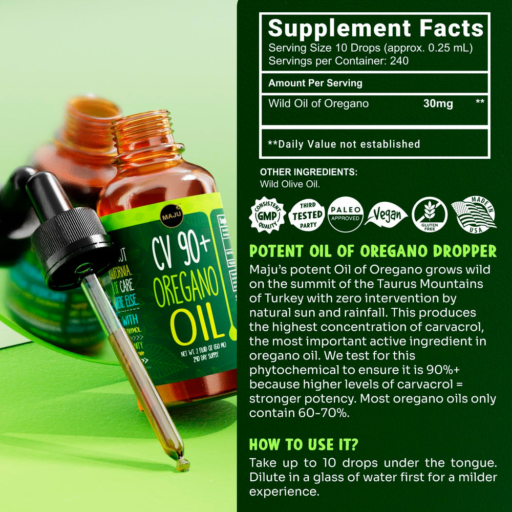 MAJU Oregano Oil hero shot showcases premium oregano with bold carvacrol content.