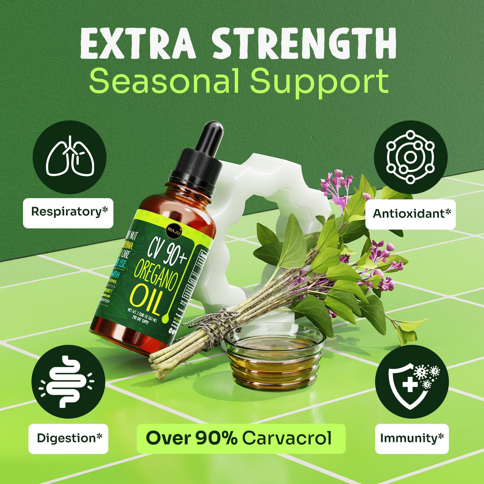 MAJU Oregano Oil liquid in glass highlights pure, pre-diluted blend with olive oil for palatability.