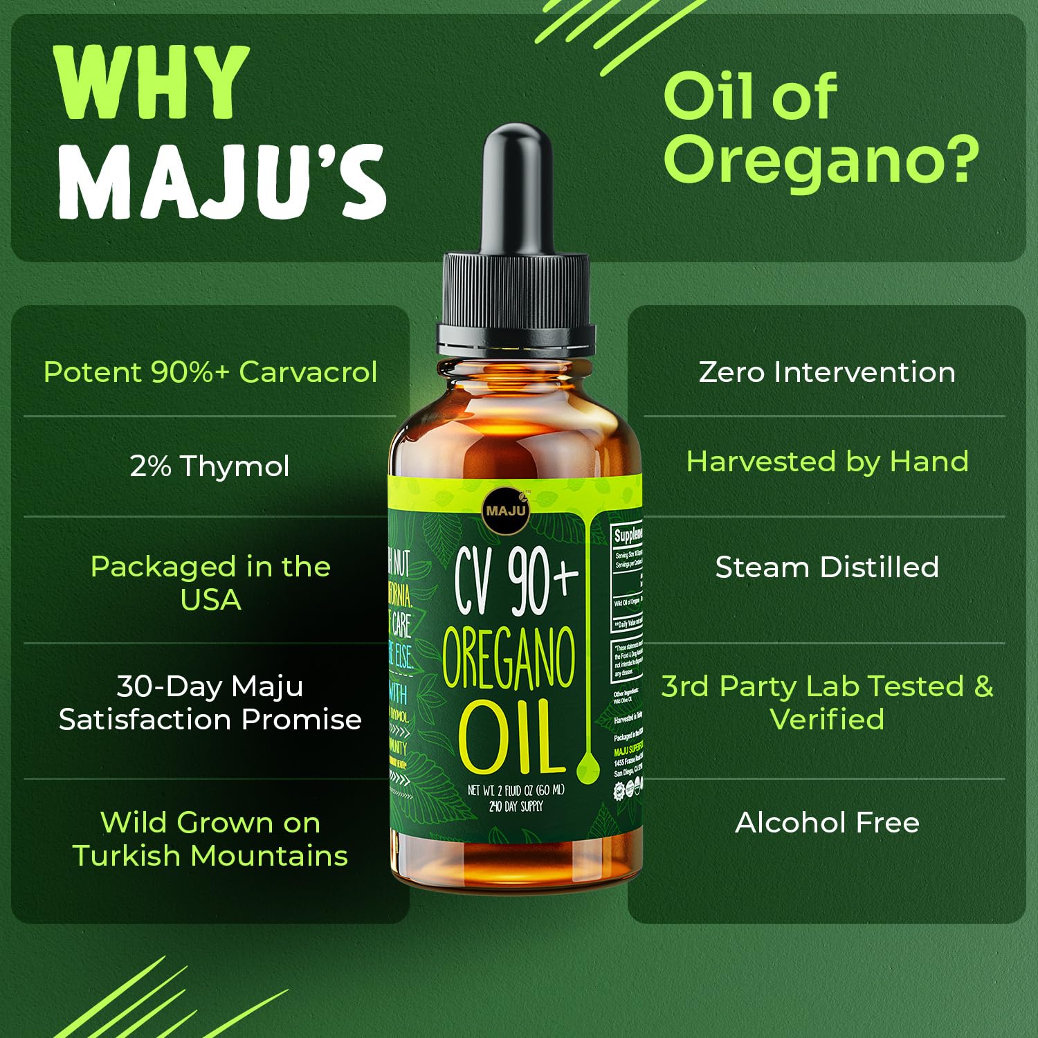 MAJU Oregano Oil bottle on shelf emphasizes versatile daily use for immune and gut support.