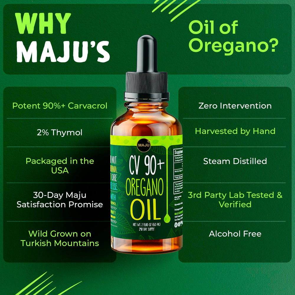 MAJU Oregano Oil bottle on shelf emphasizes versatile daily use for immune and gut support.
