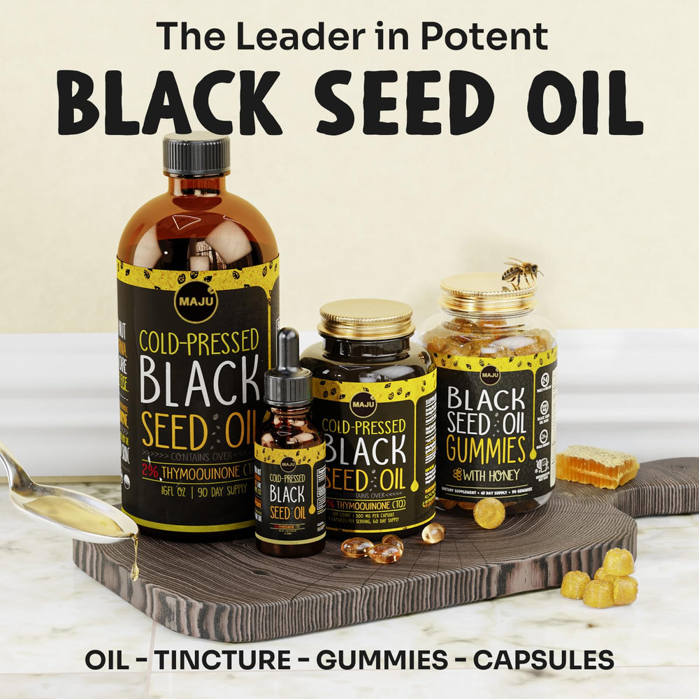 Maju Superfoods cold-pressed black seed oil capsules highlighting purity and potency