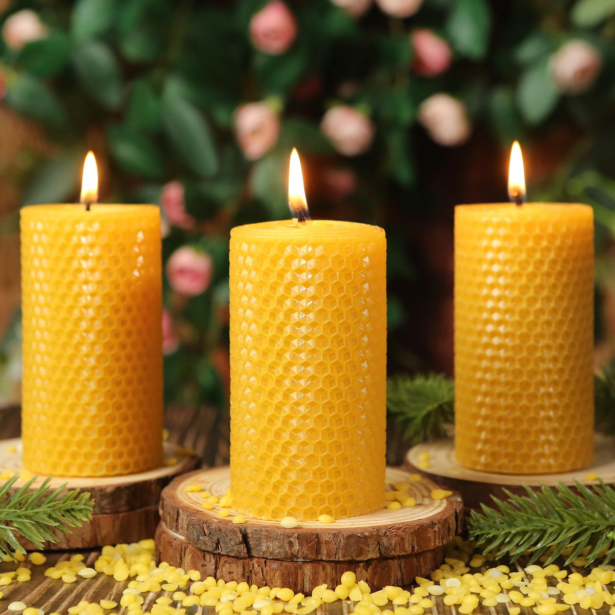 MAKALONE honeycomb beeswax rolled pillar candle in a three-pack for warm ambiance.